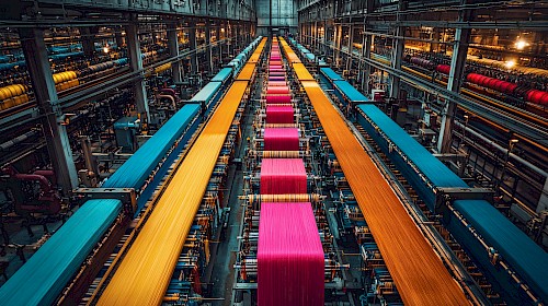 Wide view of a textile factory with colorful threads on large automated weaving machines, showing blue, yellow, and pink yarn in parallel rows under industrial lighting.